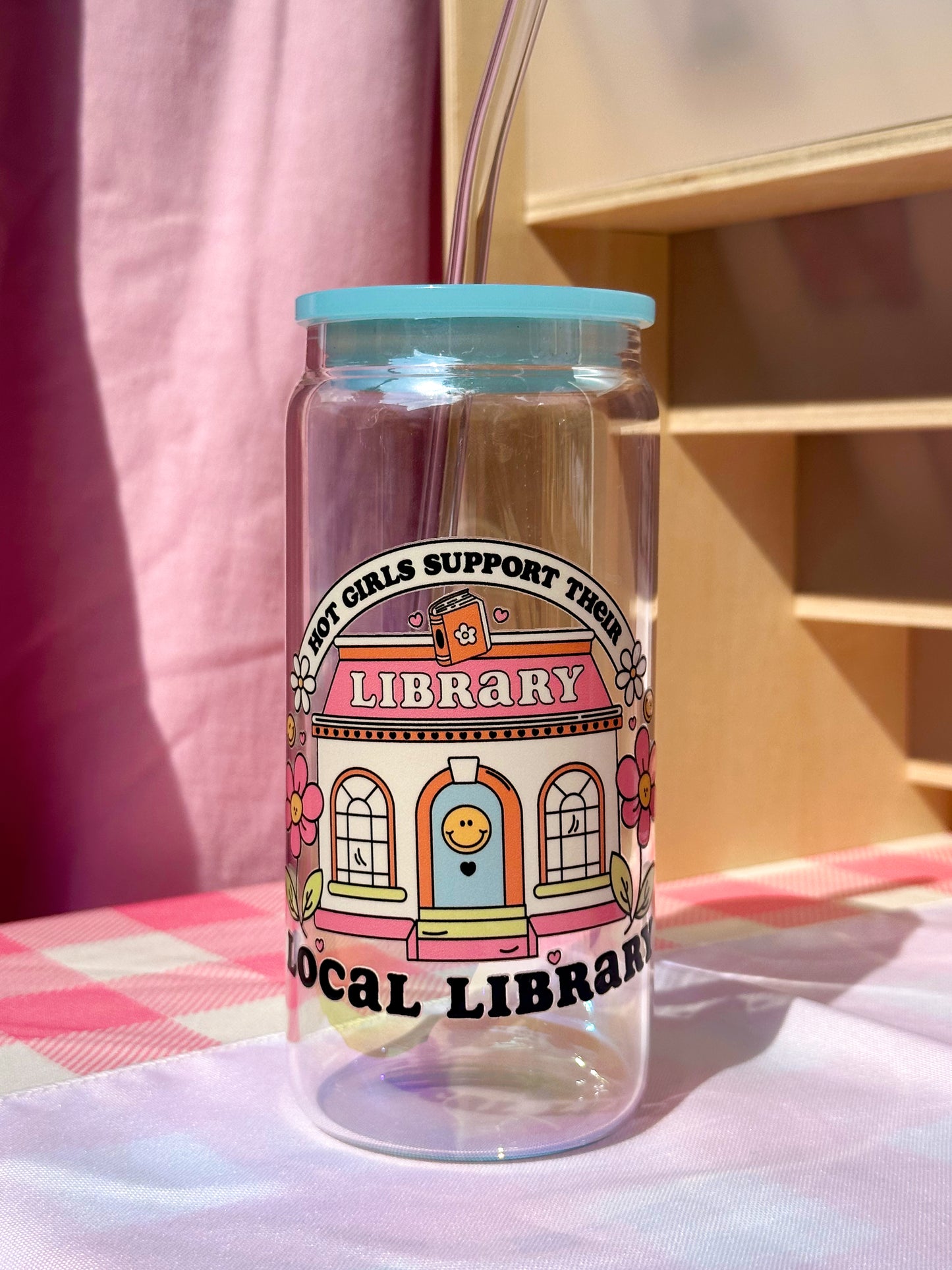 ‘Hot Girls Support Their Local Library’ Blue Holographic Glass Cup