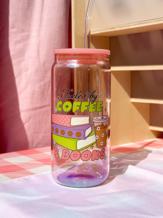 ‘Fueled By Coffee and Books’ Pink Holographic Glass Cup
