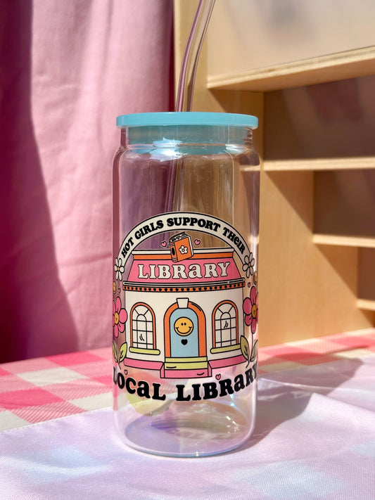 ‘Hot Girls Support Their Local Library’ Blue Holographic Glass Cup