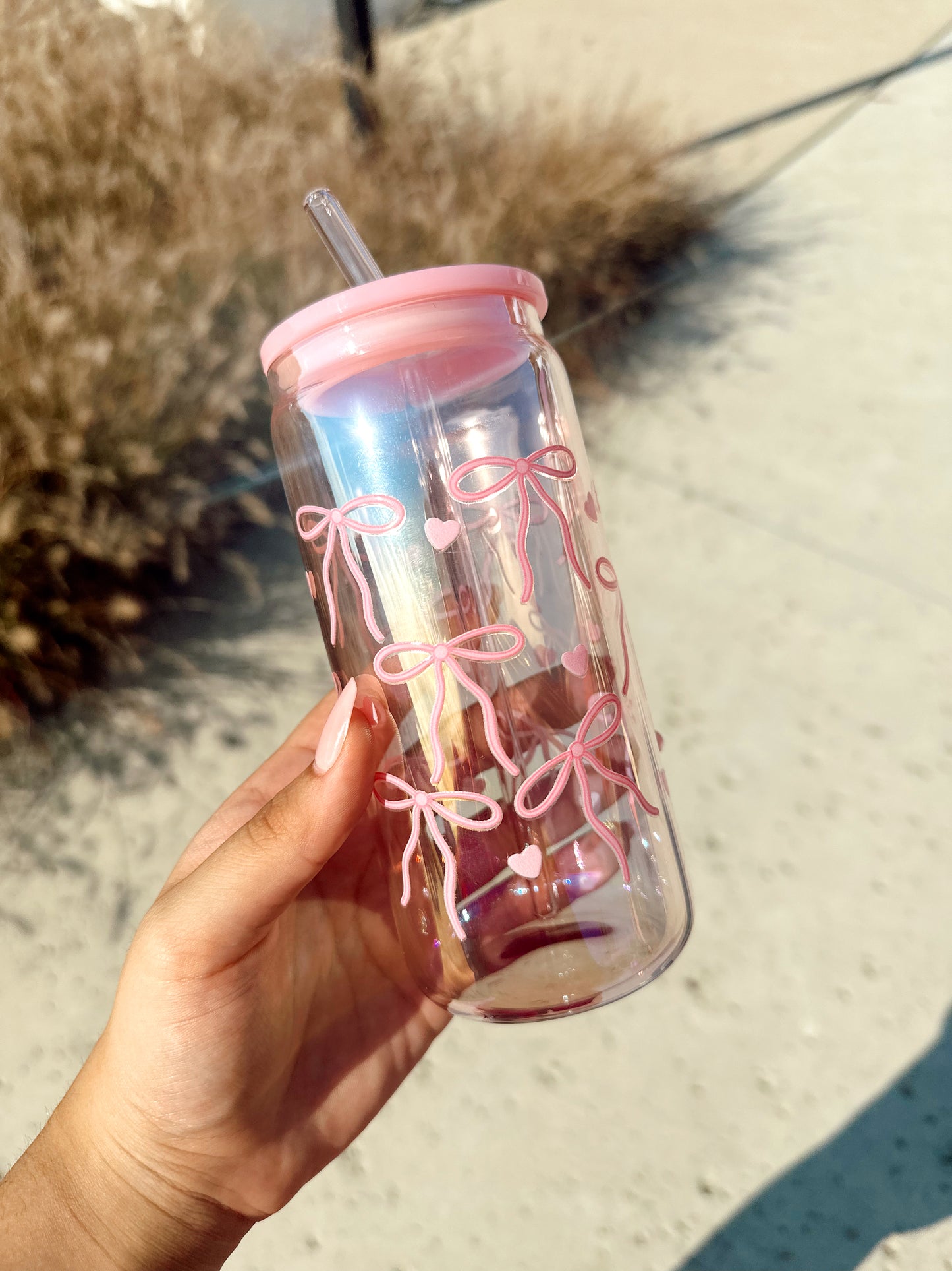 Pink Heart Ribbons Holographic Glass Cup